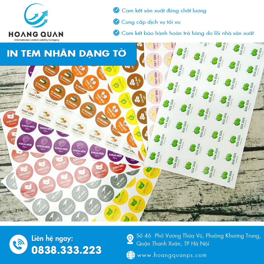 Mẫu tem nhãn dạng tờ được in sắc nét tại xưởng in Hà Nội