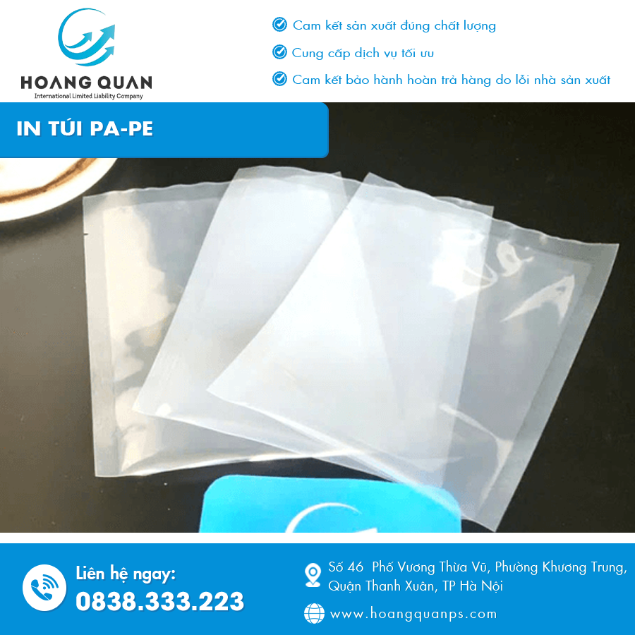 Túi PA-PE in theo yêu cầu với kích thước đa dạng, sản xuất tại Hà Nội.